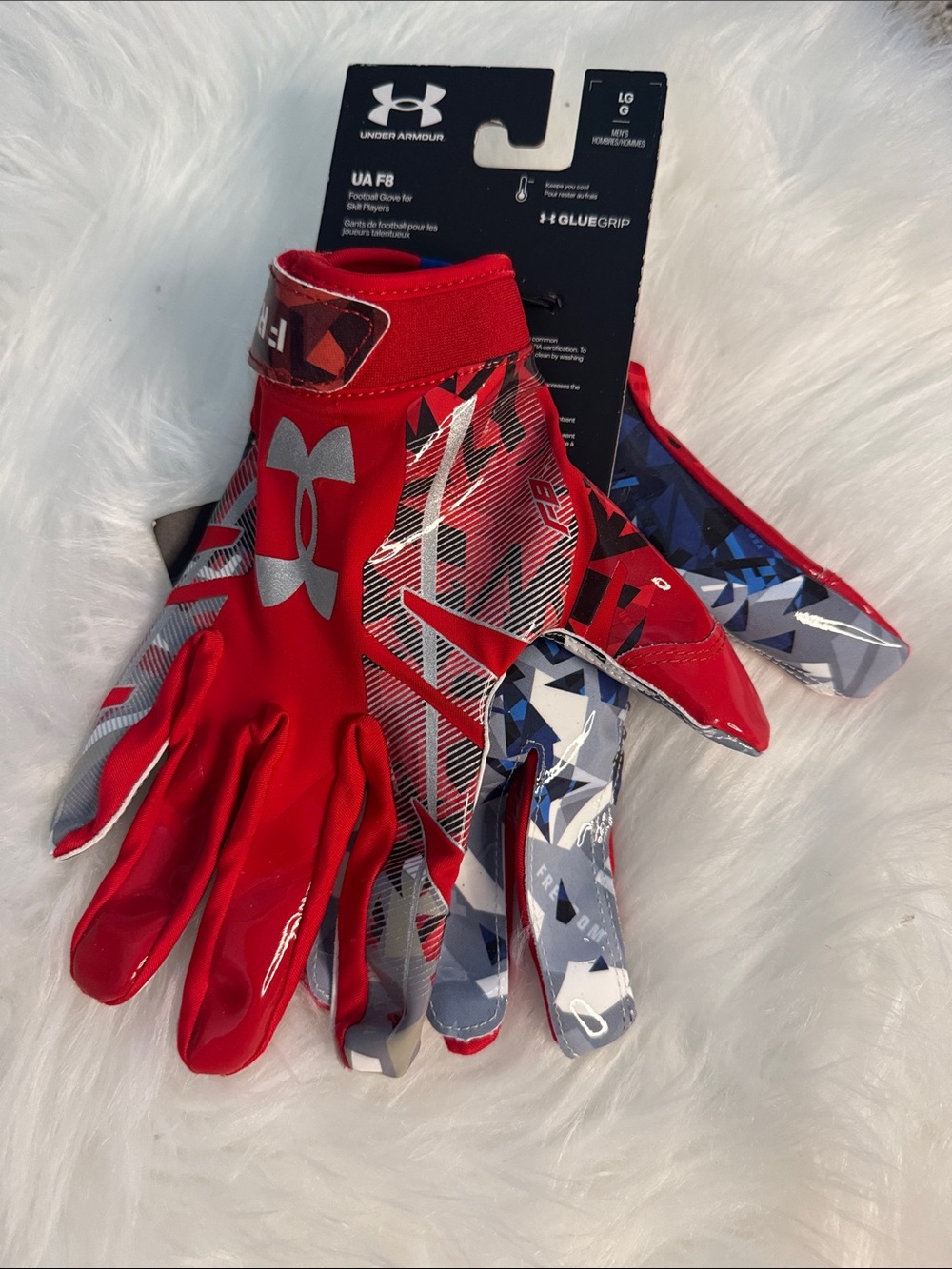Under Armour Men’s Red Football Gloves with Blue/Gray Palm Pattern